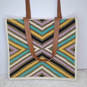 MYRA Chevron Patterned Tote Bag with Leather Straps